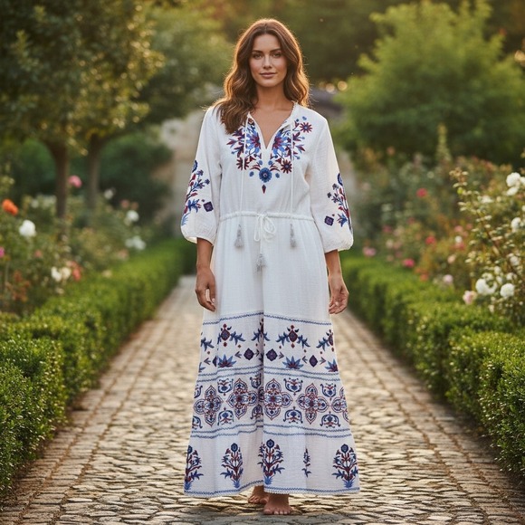 Soft Surroundings Dresses & Skirts - Soft Surroundings Maxi Dress L White Floral Embroidered Boho Cottagecore Coastal